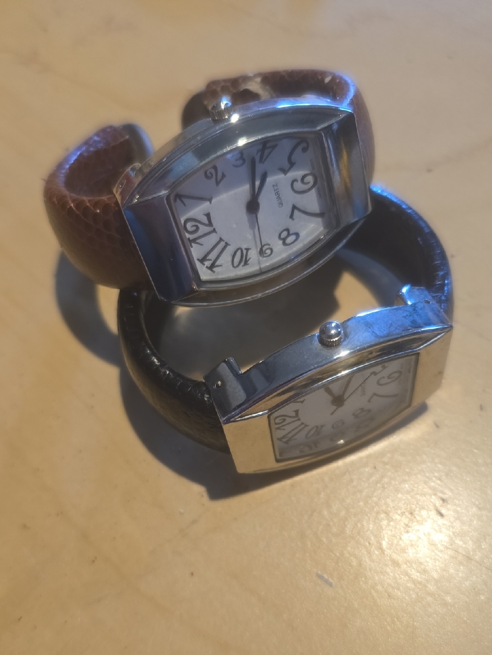 Women's Silver-Tone Watch with Brown and Black Leather Straps